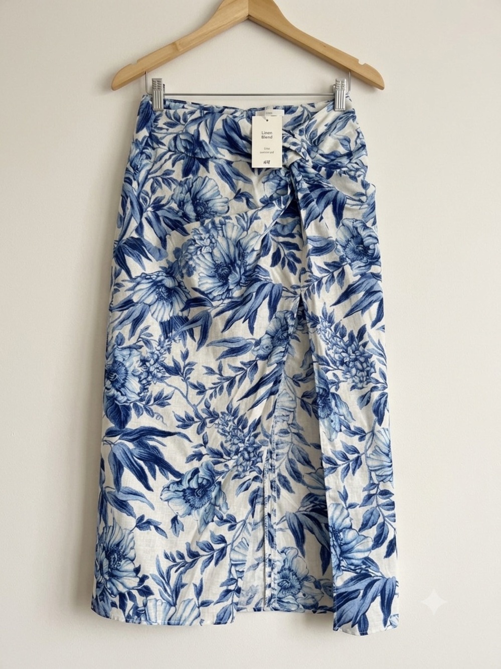 H&M White and Blue Botanical Midi Skirt with slit